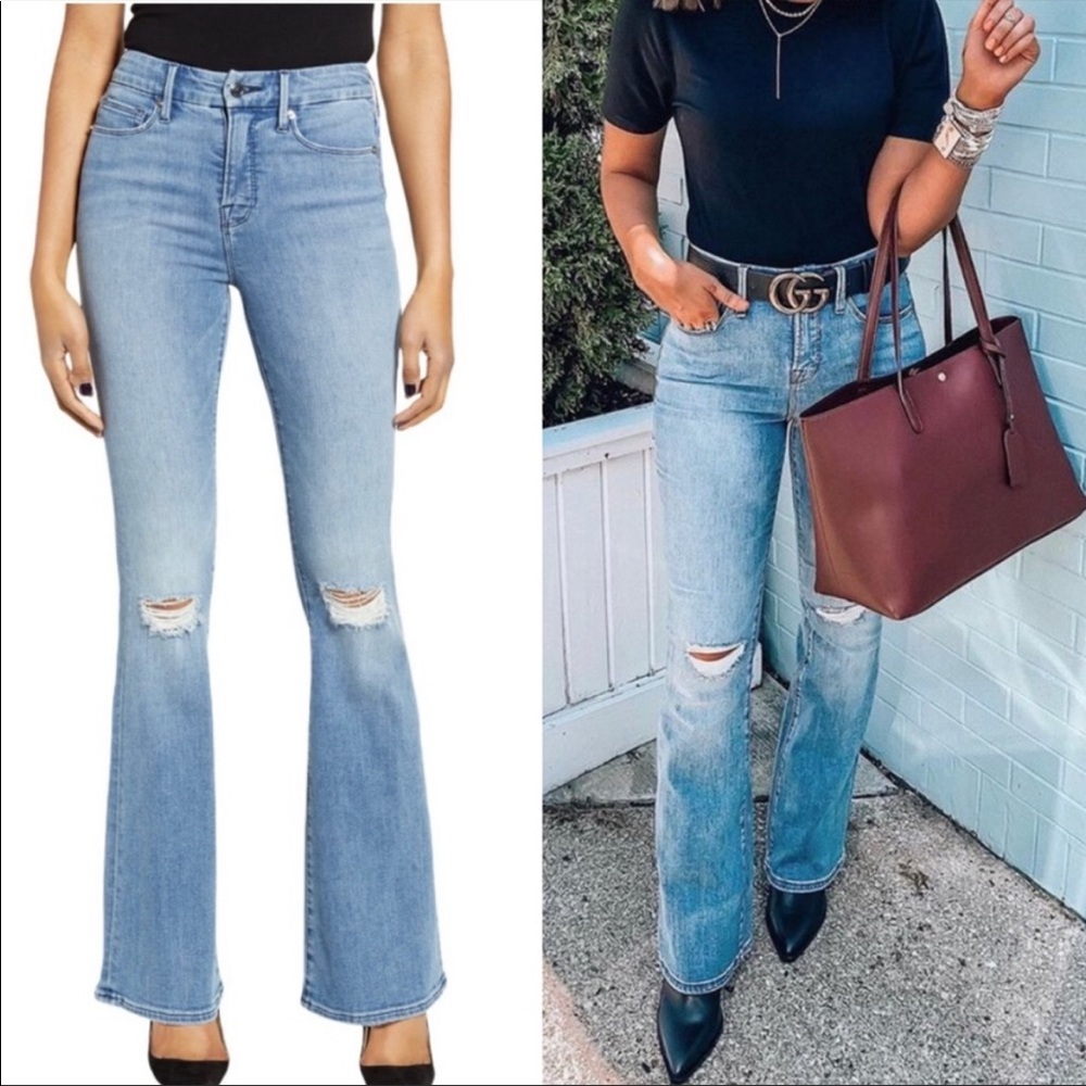 NWT Good American Good Flare Blue 501 Distressed Jeans; Size 16
